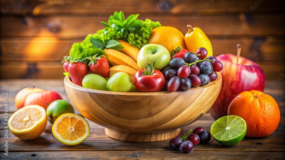 A Wooden Bowl Filled with Fresh Fruit on a Rustic Table, Photography, Bowl, Fruit, Healthy, fruit bowl, healthy eating