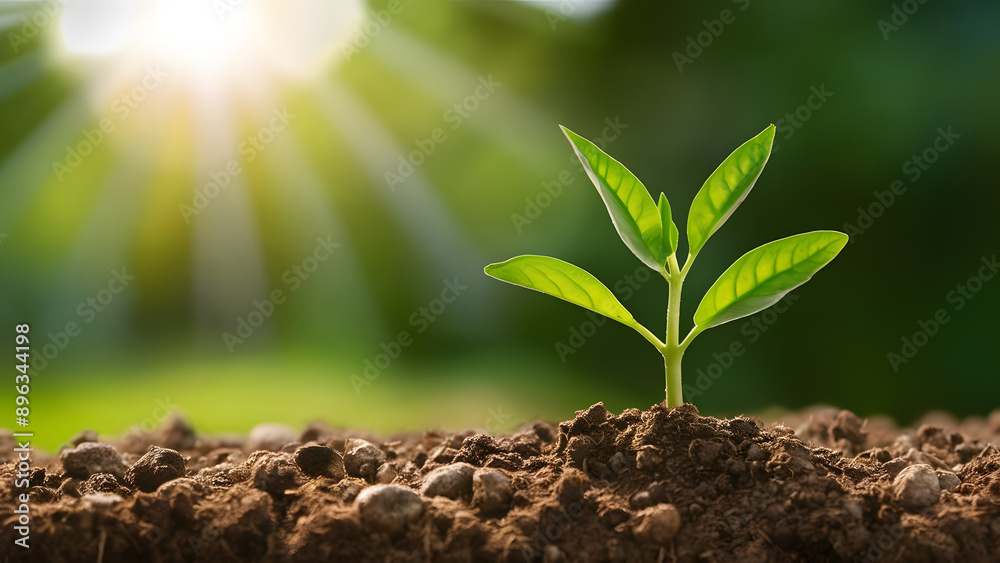 Sustainable beginnings. Close up of small green seedling growing in fertile soil representing concept of eco friendly business and environmental development Sustainable beginnings. Close up of small green seedling growing in fertile soil representing concept of eco friendly business and environmental development