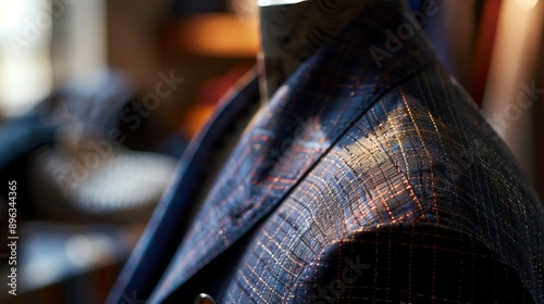 Close-up of a blue suit jacket with a subtle pattern and stitching details. The jacket is tailored and has a luxurious feel. photo