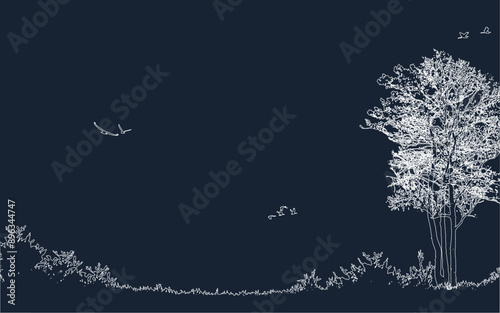Night nature silhouette landscape background Line vector wallpaper birds flying sky trees beautiful nature scene outline illustration for cover poster banner web dark theme wallpaper