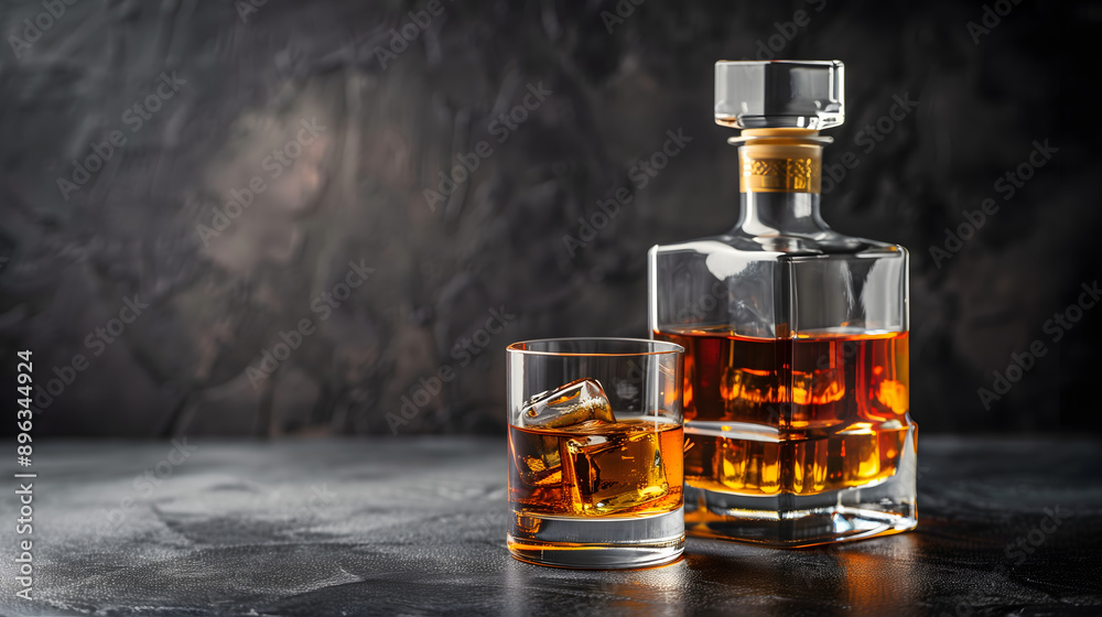Botella de whisky con vaso de cristal en fondo oscuro Botella de whisky con vaso de cristal en fondo oscuro