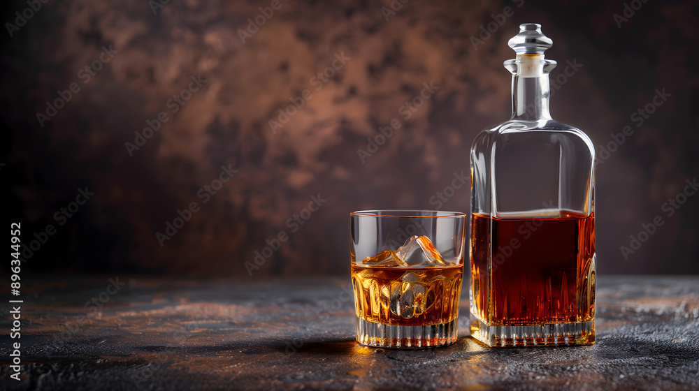 Botella de whisky con vaso de cristal en fondo oscuro Botella de whisky con vaso de cristal en fondo oscuro
