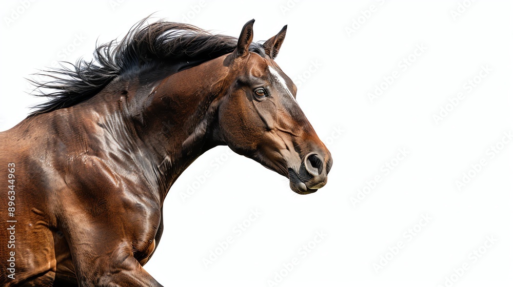 A beautiful brown horse with a long flowing mane is captured in mid-stride. A beautiful brown horse with a long flowing mane is captured in mid-stride.