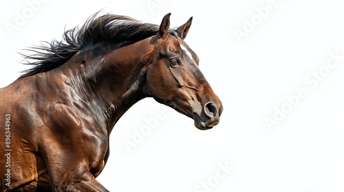 A beautiful brown horse with a long flowing mane is captured in mid-stride.