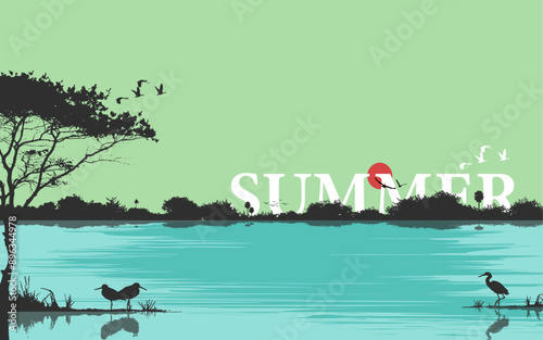 Summer nature landscape vector background illustration fishing beautiful scenery trees river lake water sky reflections birds boat silhouette horizontal wetlands wallpaper cover poster