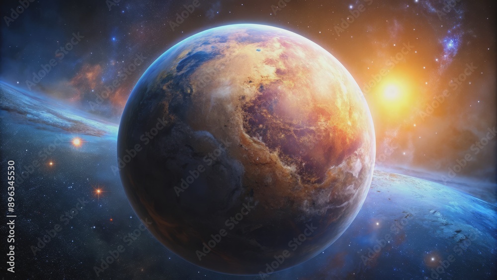 Fototapeta premium Cosmic Sunrise A Glimpse of a Distant World, digital art, planet, stars, sun, space exploration, galaxy