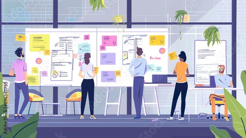 A group of people are working together in an office. They are using a whiteboard to brainstorm ideas.