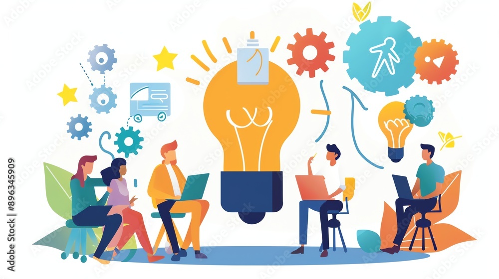 A group of people are sitting in a circle and brainstorming ideas. They are all looking at a light bulb that is in the center of the group. A group of people are sitting in a circle and brainstorming ideas. They are all looking at a light bulb that is in the center of the group.