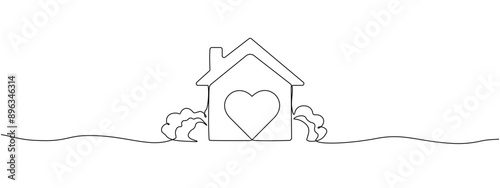 Heart inside a house drawn with one continuous line. The concept of love in a family. Minimalist linear vector editable illustration