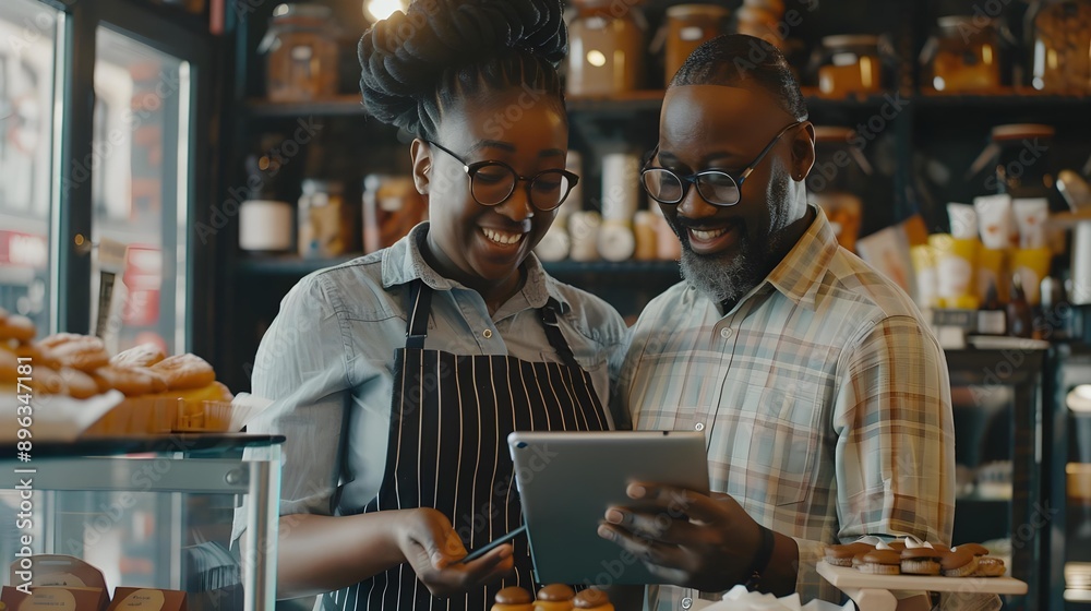 Small business owner showing employee new plan Small business owner showing employee new plan