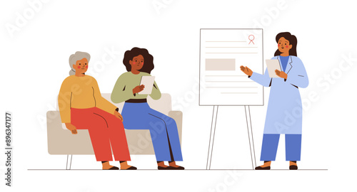 Breast cancer awareness seminar for women. Doctor talking about prevention and early detection females oncology. Health care and medical exam concept. Vector illustration
