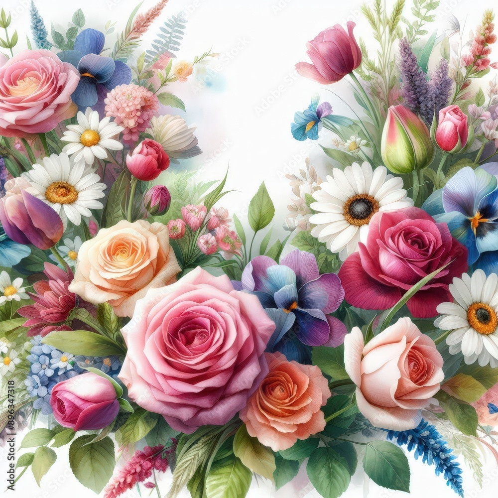 a bouquet of flowers is shown with a picture of a garden.