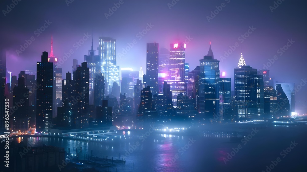 New York City at night in the fog with lights