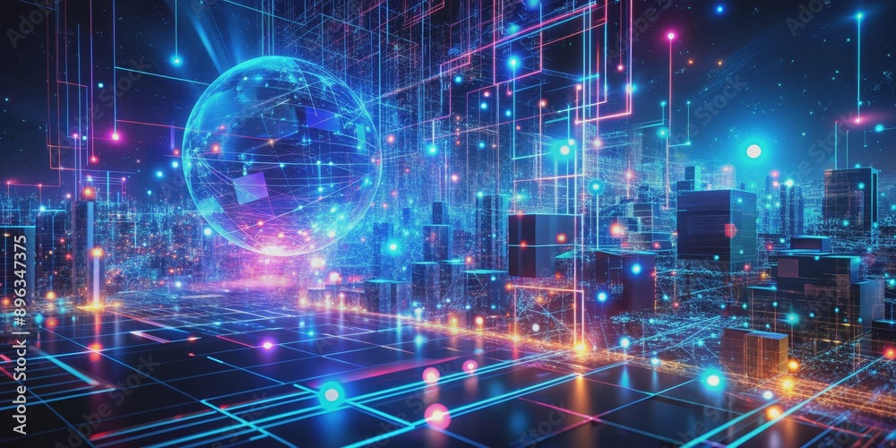 Obraz premium Digital Cityscape with Glowing Lines and Connected Globe, Futuristic, Cyberpunk, Network , Technology