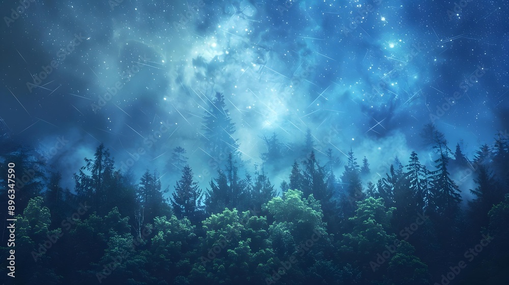 Enchanted nighttime forest landscape with celestial elements Enchanted nighttime forest landscape with celestial elements