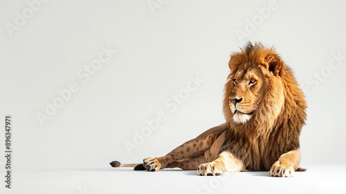 A majestic lion in full glory, with a golden mane and piercing gaze. It is lying down, but it is still imposing and powerful. photo