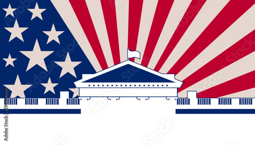 White House, United States american flag USA patriotic  banner, background, web, greeting card, poster, holiday cover, label, flyer, layout. Social media print for presentation, information