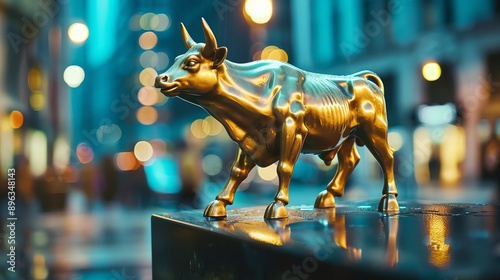 The image is a 3D rendering of a golden bull. The bull is standing on a black pedestal and is surrounded by a blurred background of city lights. photo