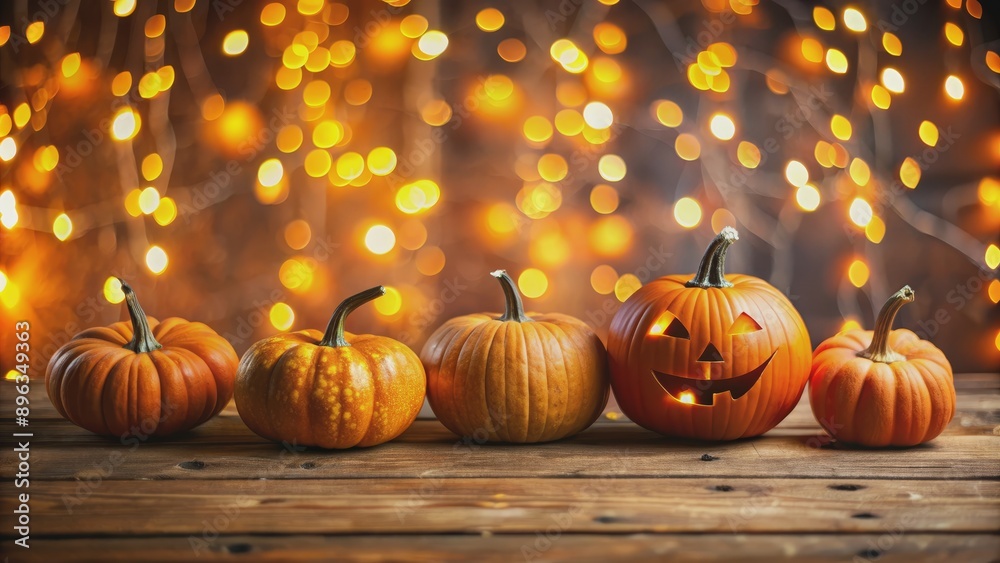 Five Pumpkins on Wooden Table with Bokeh Lights, Halloween , jack-o-lantern , festive , autumn Five Pumpkins on Wooden Table with Bokeh Lights, Halloween , jack-o-lantern , festive , autumn