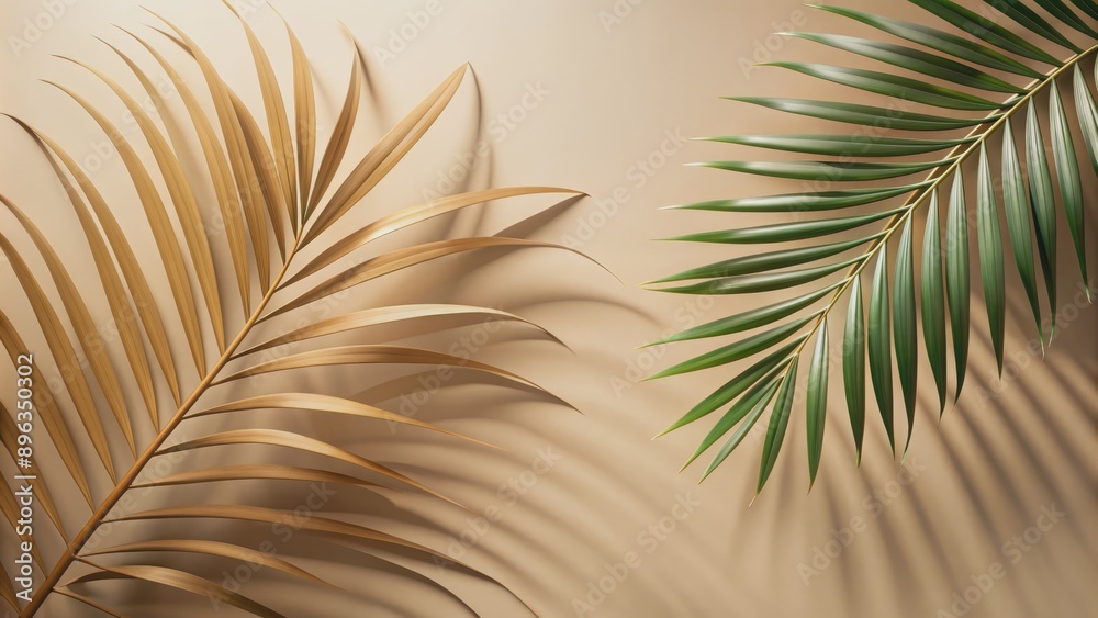 Fototapeta premium Golden and Green Palm Fronds Minimalist Background, Minimalism, Tropical, Boho, Aesthetic