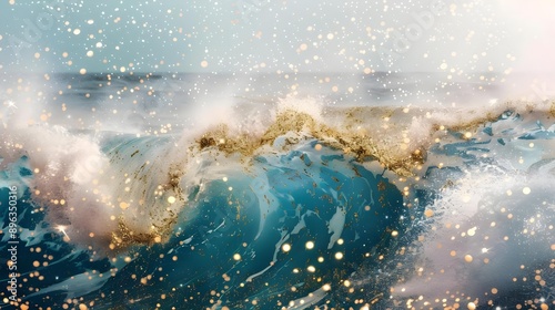 Gold glitter ocean wave with watercolor texture