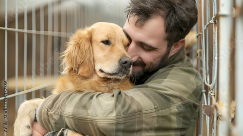 Male volunteer hugging dog in shelter photo