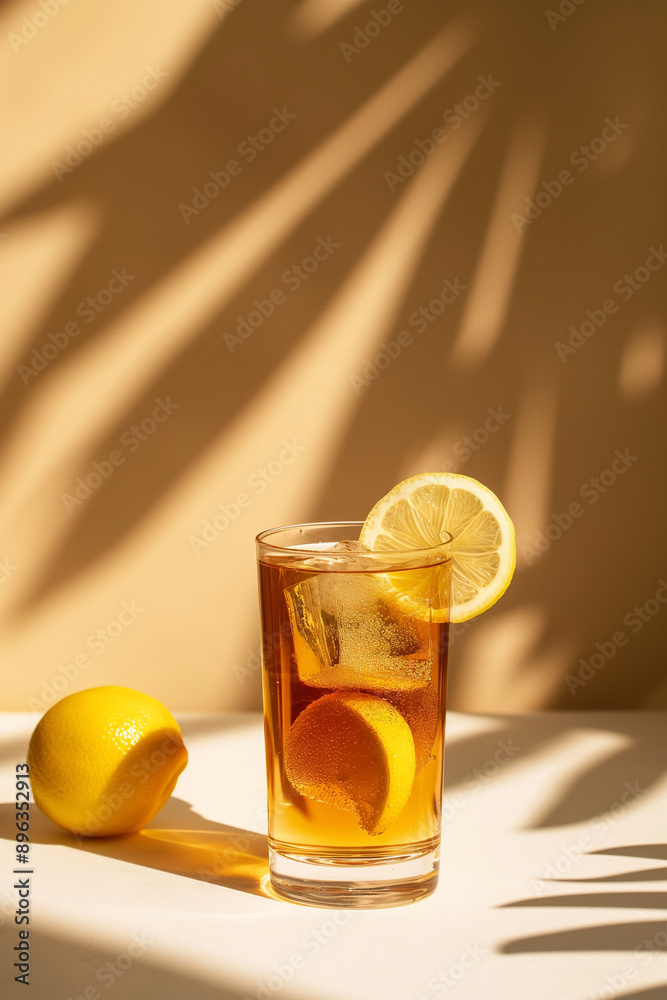 Minimalistic stock photo of an ice tea with lemon slice in glass on white table
Minimalistic stock photo of an ice tea with lemon slice in glass on white table