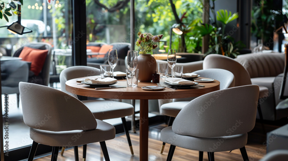 The restaurant features a stylish table setting with dishes and furniture, creating a cozy atmosphere. The restaurant features a stylish table setting with dishes and furniture, creating a cozy atmosphere.