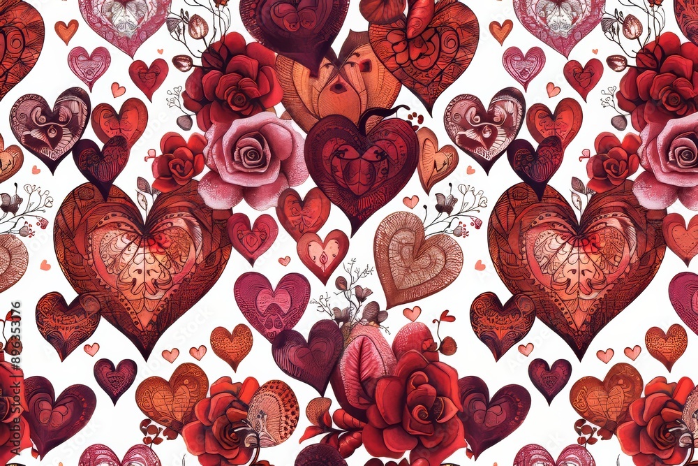 A delicate pattern of red hearts and roses. A delicate pattern of red hearts and roses.