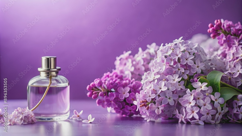 Lilac Perfume Bottle on a Purple Background, Perfume, Lilac, Spring, Floral Lilac Perfume Bottle on a Purple Background, Perfume, Lilac, Spring, Floral