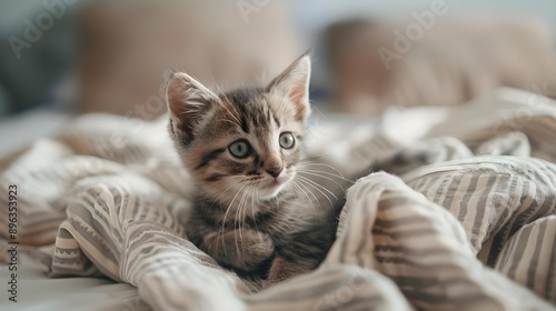 Cute little kitten on bed - Caring for pets