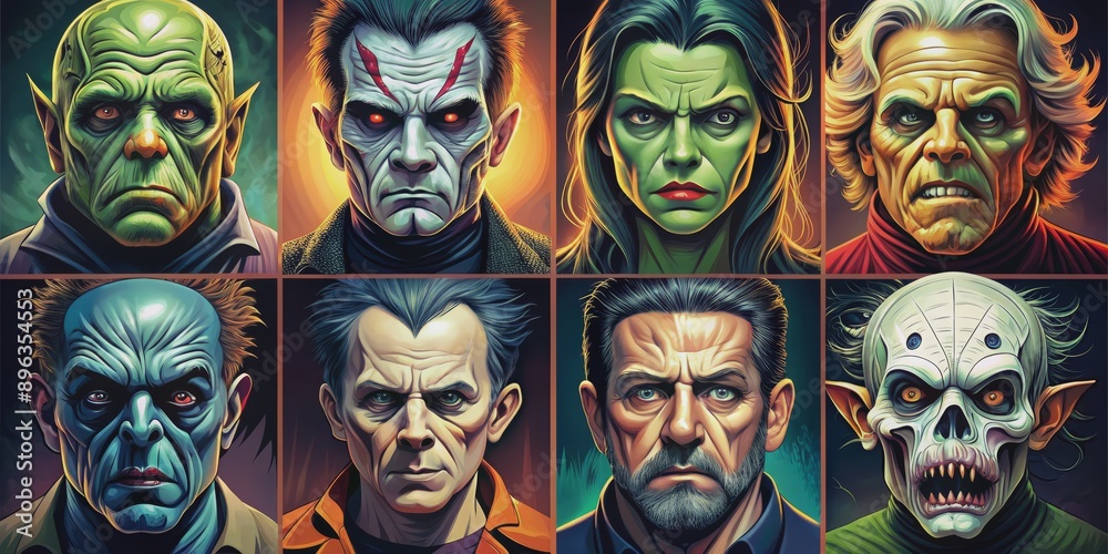 Monsters Collage - Eight Close-Up Portraits of Ghastly Creatures, Horror, Fantasy, Halloween, Monster