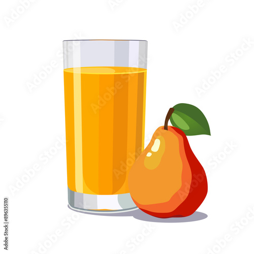 Full glass of yellow freshly and healthy squeezed pear juice isolated on white background. Vector illustration in flat style with dietary drink. Summer clipart for card, banner, flyer, poster design