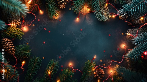 Frame of Christmas glowing holiday garland and fir branches on dark blue background. Christmas and New Year concept. Christmas background