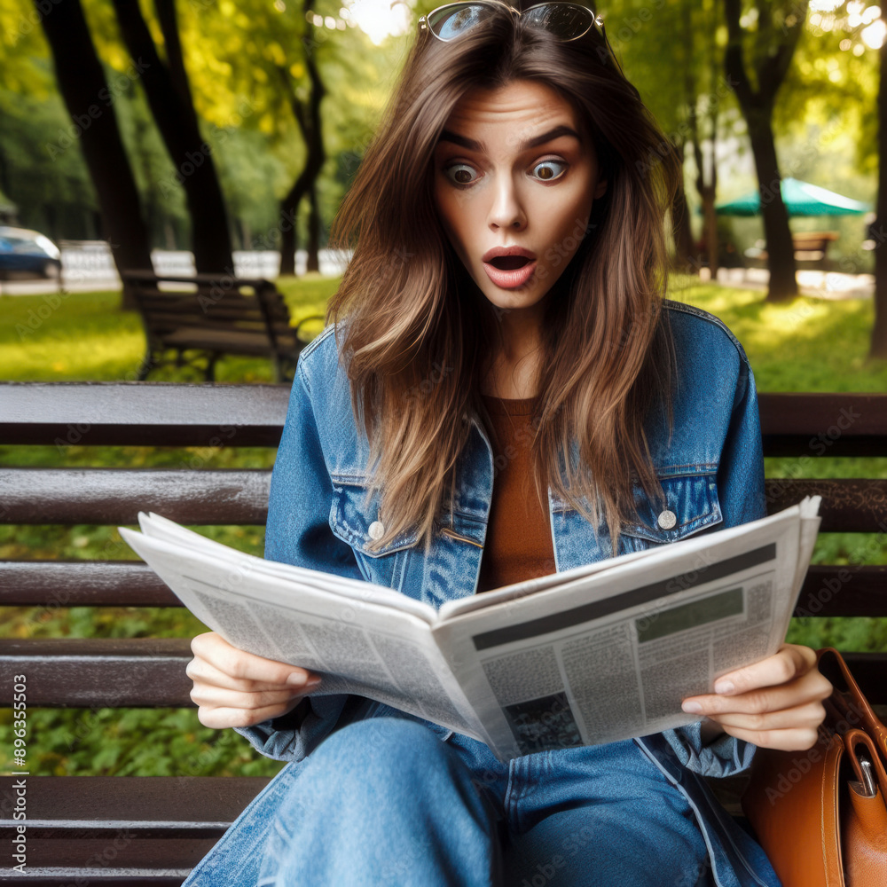 Fototapeta premium Woman on bench reading newspaper