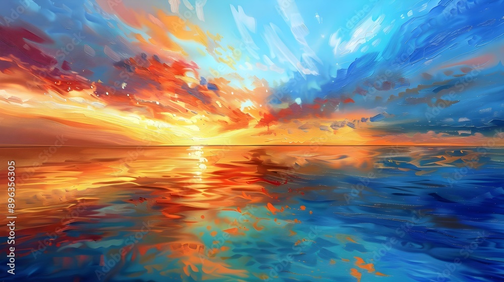 Vibrant sunset seascape reflecting on tranquil waters Vibrant sunset seascape reflecting on tranquil waters
