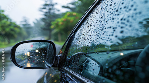 Rainy day driving with limited visibility due to rain drops on the windshield and car mirror.