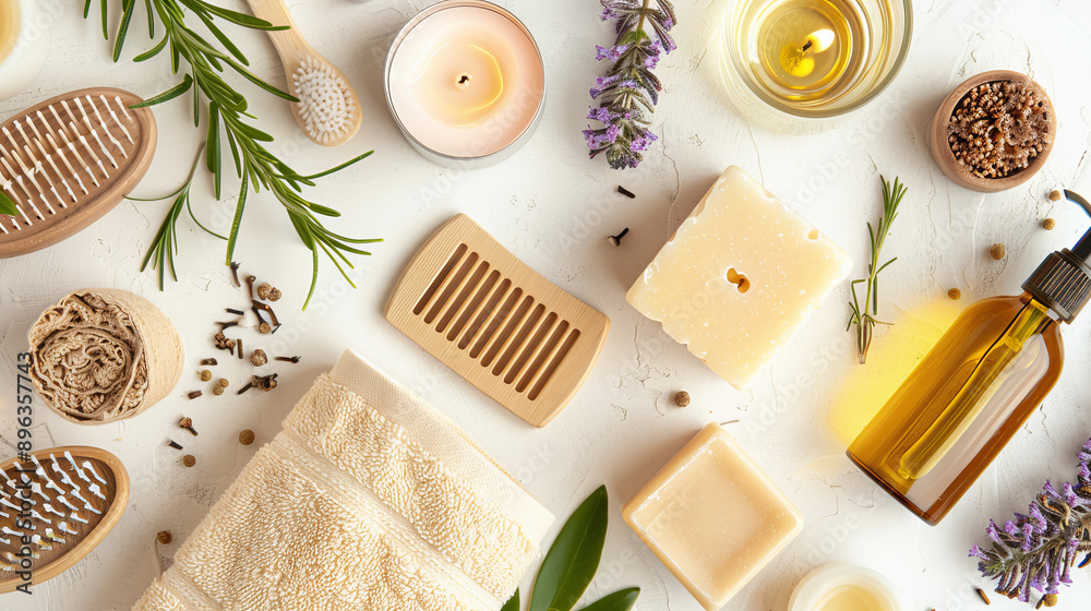 Relaxing bath time essentials on a smooth white surface. Includes a soft towel, fragrant soap, comb, nourishing oil, shampoo, exfoliating loofah, and calming candles. Relaxing bath time essentials on a smooth white surface. Includes a soft towel, fragrant soap, comb, nourishing oil, shampoo, exfoliating loofah, and calming candles.