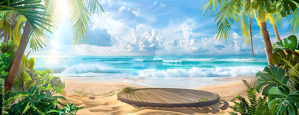 © Watermill Studio - Beach podium summer background sand product 3D sea display platform. Beach podium summer banner stand scene sale sky holiday vacation stage water island sun travel pedestal promotion presentation ad