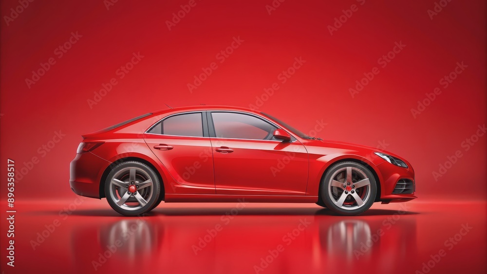Fototapeta premium Red Sedan on Red Background, Side View, 3D Render, Car, Automobile, Design, Concept