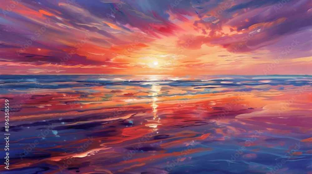 Vibrant sunset seascape reflecting on tranquil waters