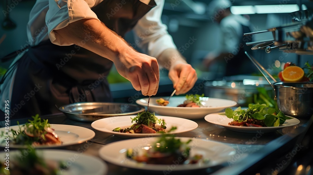 Chef garnishing an exquisite plate of food Chef garnishing an exquisite plate of food