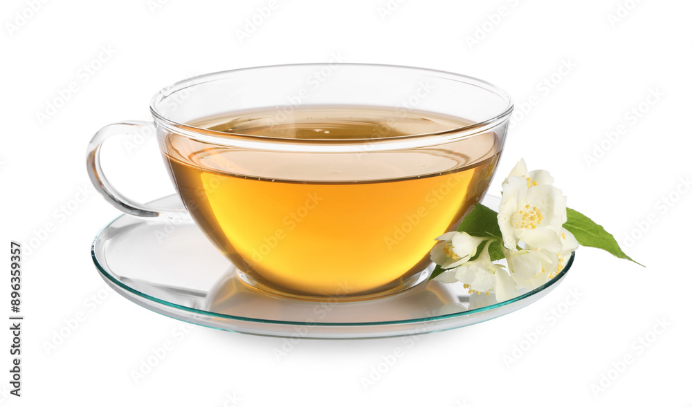 Aromatic jasmine tea in cup and flowers isolated on white Aromatic jasmine tea in cup and flowers isolated on white