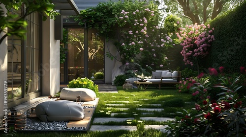 Fototapeta Naklejka Na Ścianę i Meble -  Backyard in a cozy house with a small sitting area and a garden