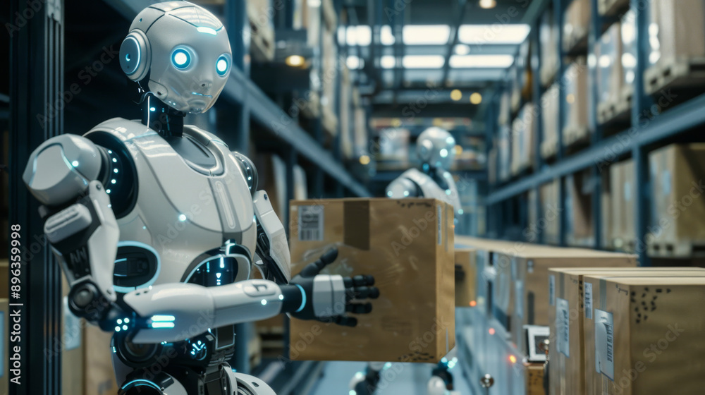 Robots moving boxes autonomously in warehouses with 5G technology. Robots moving boxes autonomously in warehouses with 5G technology.