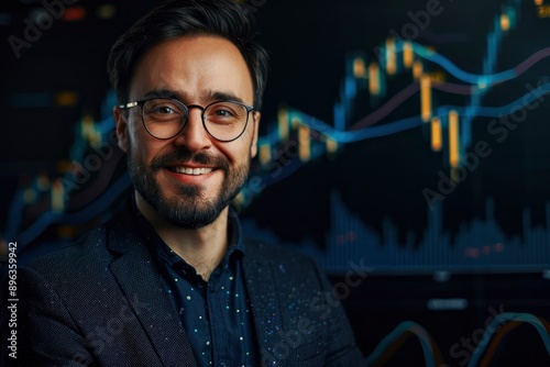 Happy, investor and portrait of man in studio, dark background and business in stock market. Corporate, professional and businessman trading in crypto or thinking of profit - generative ai