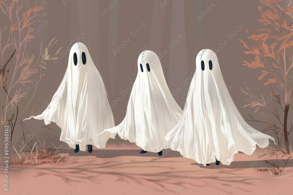 Three ghostly figures emerge from the misty woods. Three ghostly figures emerge from the misty woods.