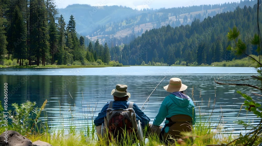 Obraz premium Disabled women fishing at a beautiful lake