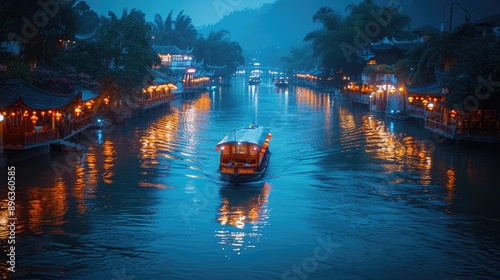 Festive boat in the river surrounded Chinese lamps at night, slow motion footage photo