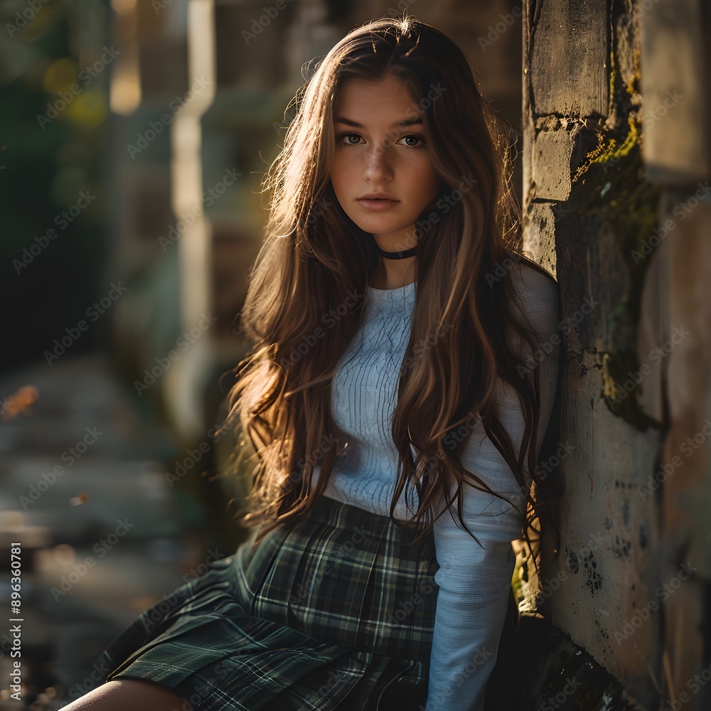A woman in a skirt leaning against a wall A woman in a skirt leaning against a wall